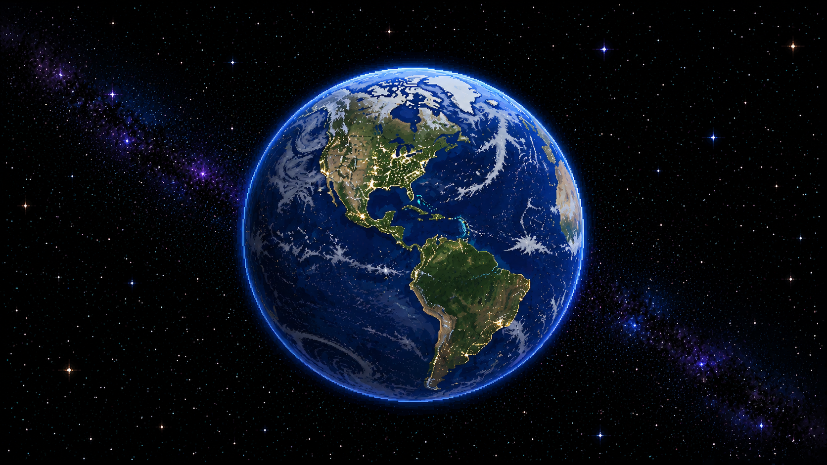 Pixel-art Earth viewed from space in 2135: Humanity's Crisis
