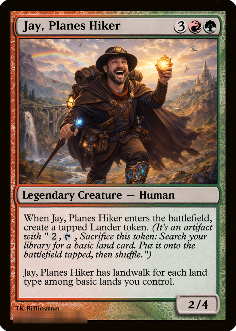 Custom proxy card example named Jay, Planes Hiker